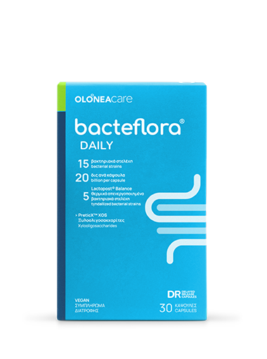 Blue box of Olonæ care Bacteflora Daily probiotic, 30 delayed capsules, vegan