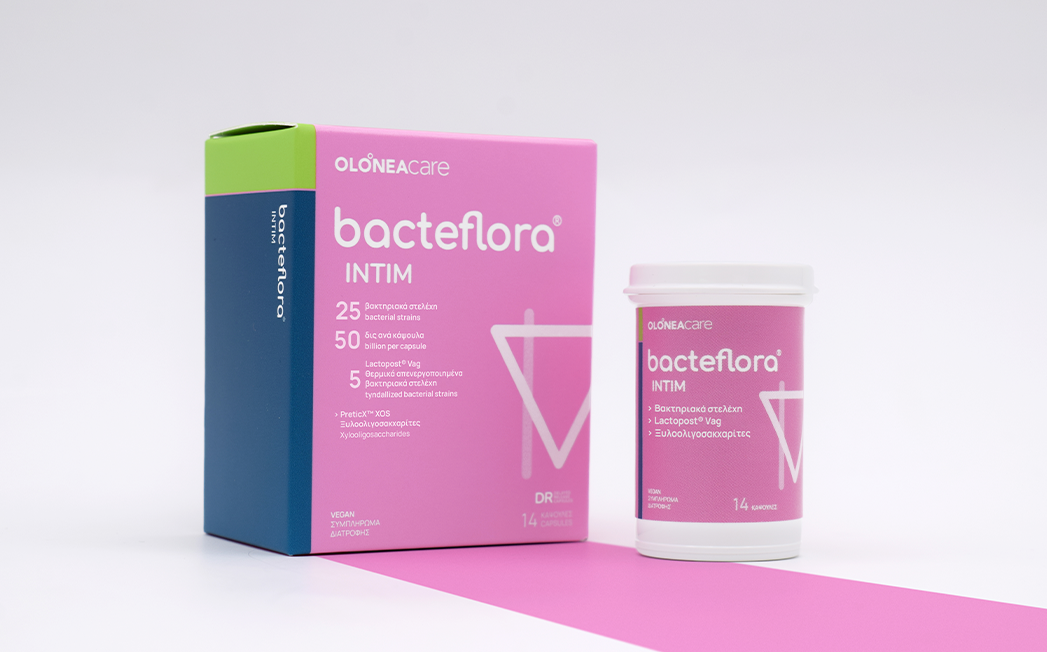 Pink Bacteflora Intim probiotic box and matching bottle on a white surface, branding clearly visible.