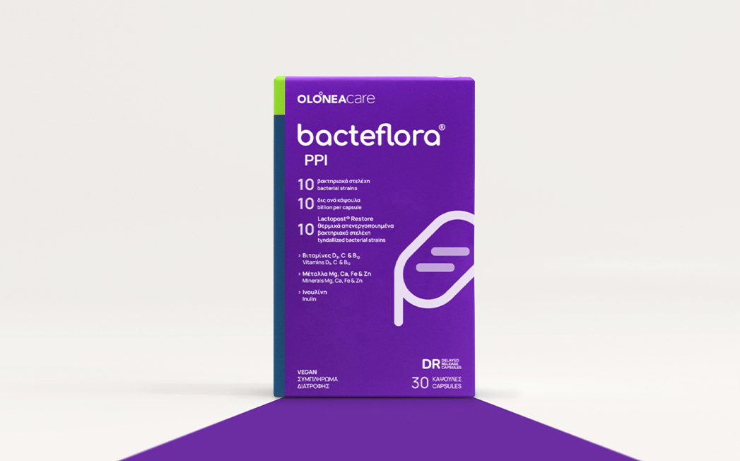 Bacteflora PPI purple supplement box on a white surface with teal side panel, 30 capsules indicated at bottom right (product packaging).”,