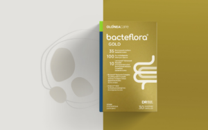 Box of Bacteflora Gold probiotic capsules on a split gray and gold background, blue spine visible, 30 capsules indicated on the box.