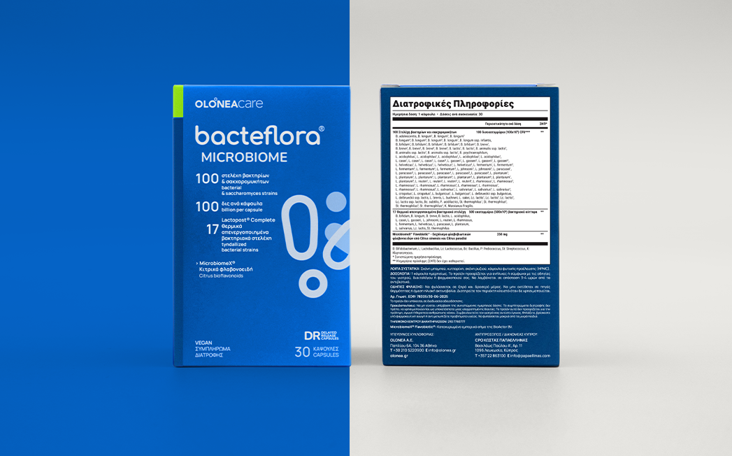 Blue bacteflora Microbiome probiotic box (front) with white text, left side of image showing the packaging against a blue background, 30 capsules noted.