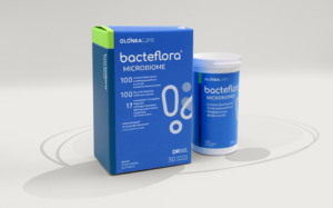 Blue Bacteflora microbiome probiotic box and matching bottle on a white surface.