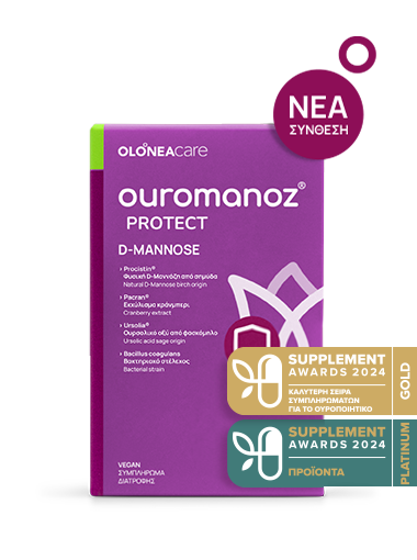 Purple OuromanOz Protect D-Mannose supplement box with two award ribbons reading 2024 Supplement Awards Gold and Platinum.