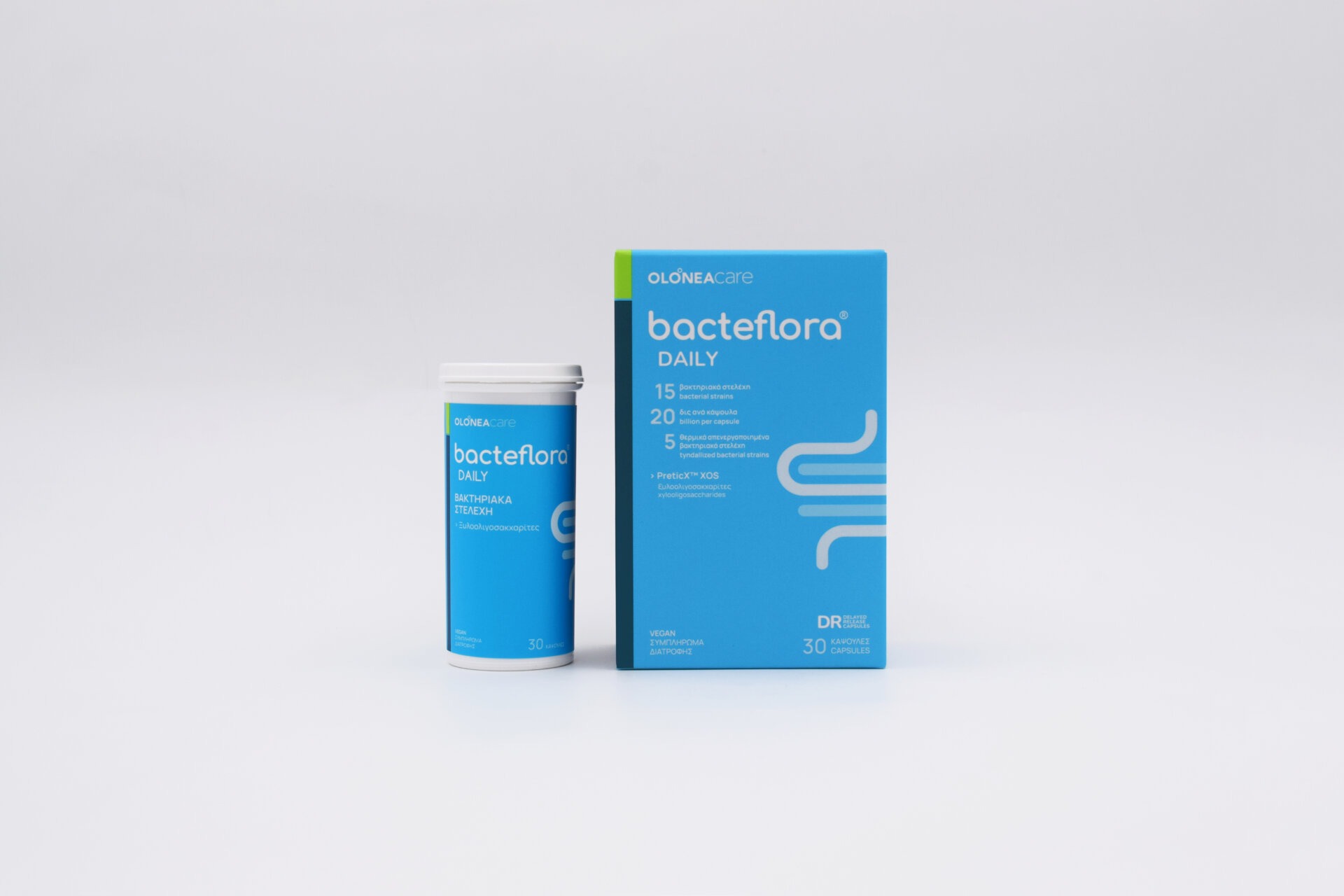 Η νέα συσκευασία του προβιοτικού συμπληρώματος bacteflora® DAILY, από την OLONEA, για τη διατήρηση ενός υγιούς εντερικού μικροβιώματος.