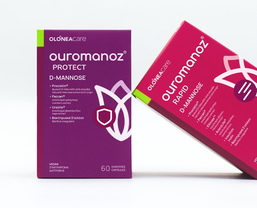 Τα συμπληρώματα ouromanoz® PROTECT και ouromanoz® RAPID, από την OLONEA, τα οποία περιέχουν μεταξύ άλλων συστατικών και D-μαννόζη, για την πρόληψη και άμεση ανακούφιση των συμπτωμάτων της ουρολοίμωξης.