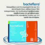 Η εικόνα δείχνει τα συμπληρώματα Bacteflora Daily και Bacteflora Plus, με προβιοτικά, πρεβιοτικά και μεταβιοτικά, ενώ επίσης αναγράφεται και το κείμενο “Bacteflora: Ξεχωρίζουν για την ανωτερότητα και την καινοτομία τους, καθώς έχουν ήδη ενσωματώσει τον συνδυασμό προβιοτικών, πρεβιοτικών και μεταβιοτικών, προσφέροντας κορυφαίες λύσεις για την υγεία του εντέρου.