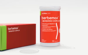 Berbemax Berberine Complex bottle with red packaging on a white background.
