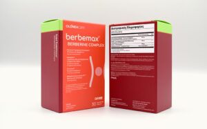 Two red-orange Berbemax Berberine Complex supplement boxes on a white surface, showing front and back panels.