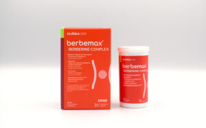 Red Berbemax Berberine Complex box and matching bottle on a white surface, product packaging display.