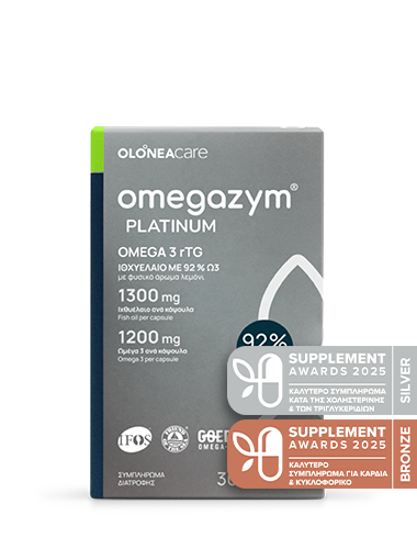 Box of Omegazym Platinum omega-3 fish oil supplement with award badges (Supplement Awards 2025 Silver and Bronze).